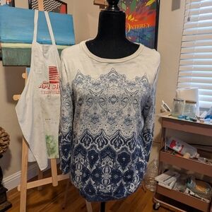 Lands' End Women's Navy and Cream Patterned Sweater